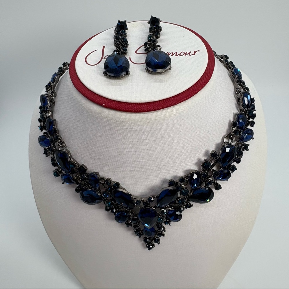 Navy Blue Crystal Statement Bib Rhinestone Necklace And Earrings